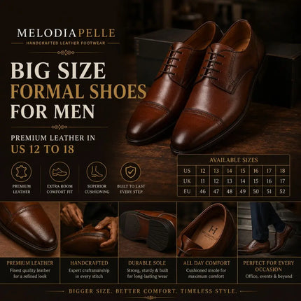Big Size Formal Shoes for Men: Premium Leather in US 12 to 18