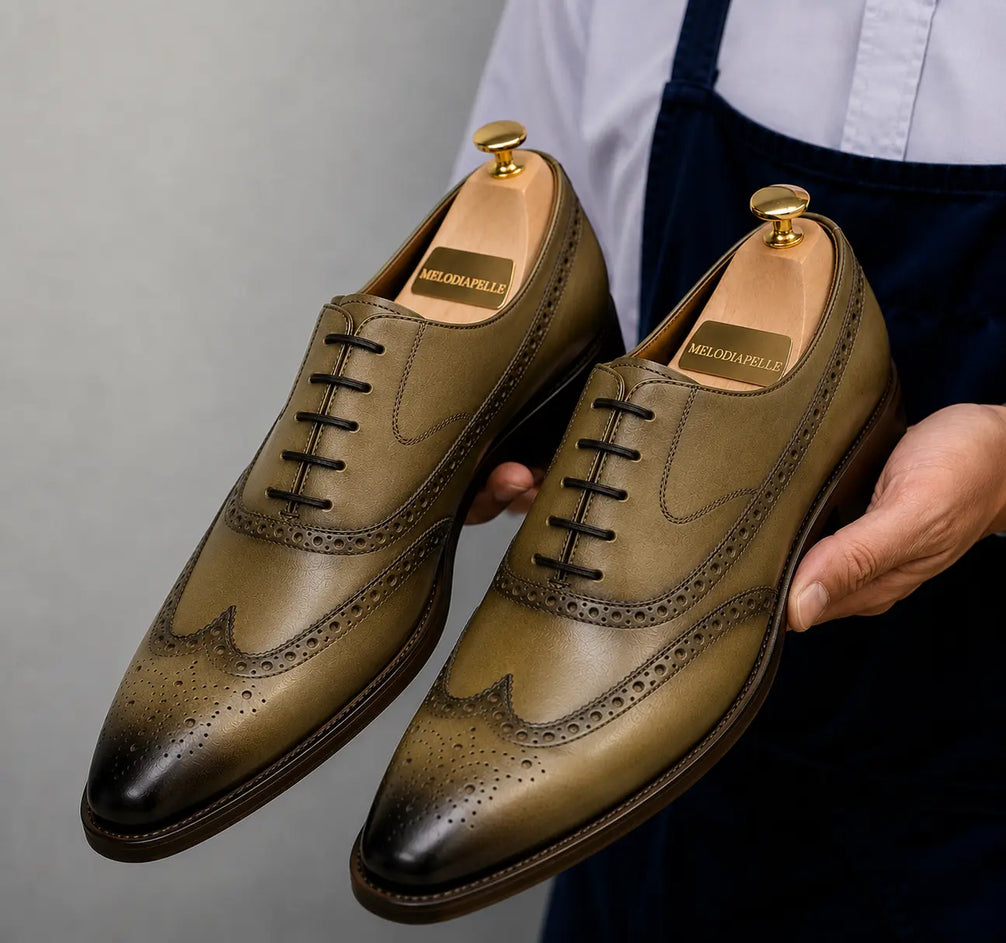 Mossverde Hand-Patina Wingtip Brogue Oxford for Men - Goodyear Welted Leather Shoes