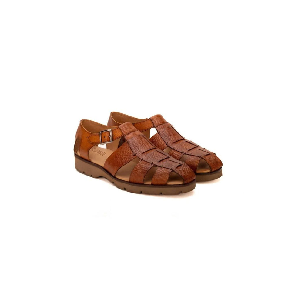 Mystras Burnished Crepe-Sole Fisherman Sandal for Men - Caged Leather Fisherman Sandals