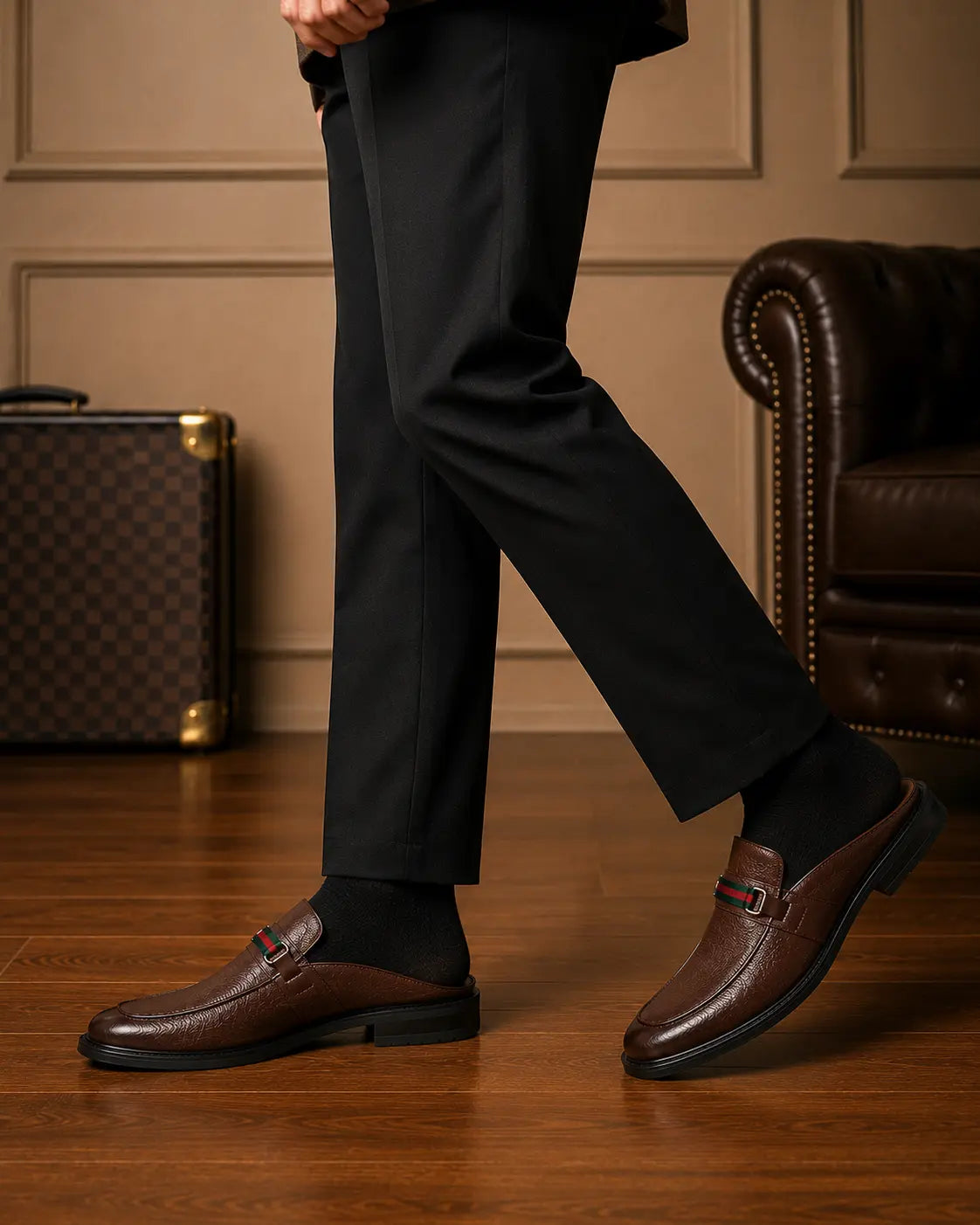 Mirepoix Web-Stripe Grained Mule for Men - Backless Block-Heel Shoes