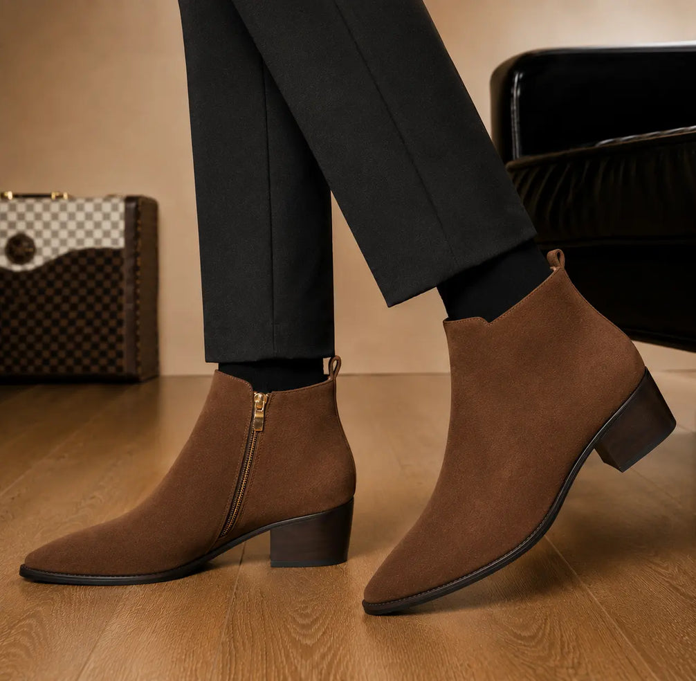 Maddox Suede Zip Boot for Men - Pointed-Toe Block Heel Ankle Boots
