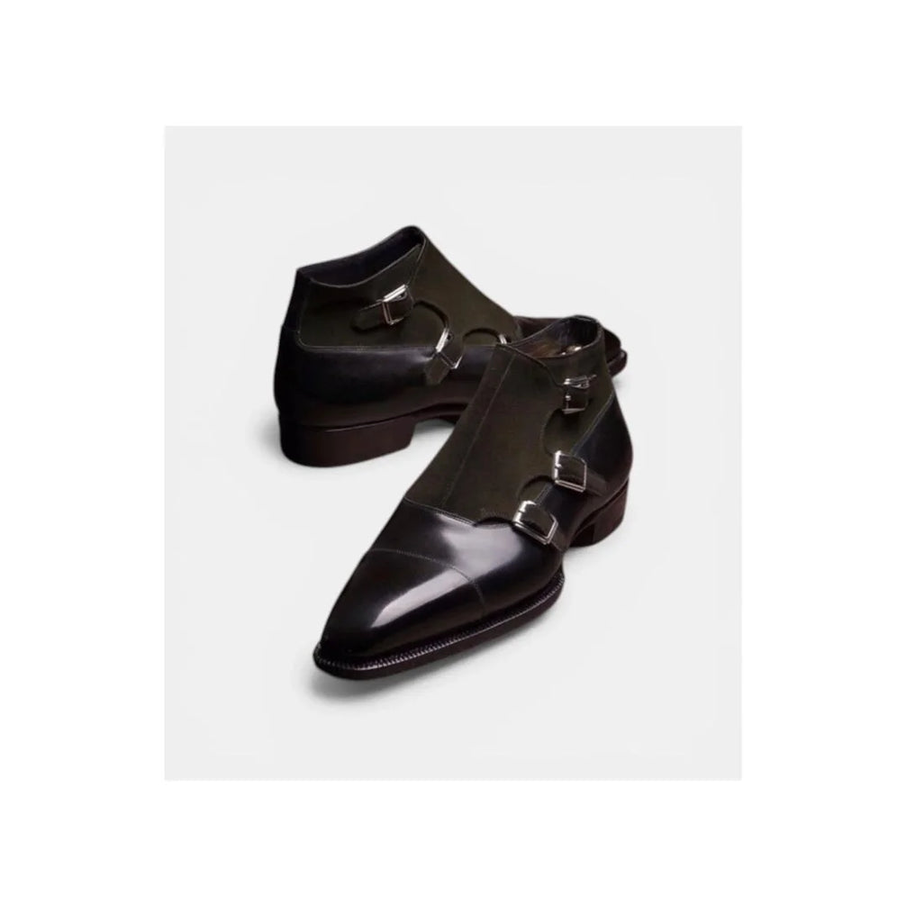 Mondragon Suede-Quarter Cap-Toe Triple Monk Strap for Men - Two-Texture Leather Dress Shoes
