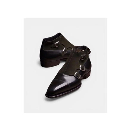 Mondragon Suede-Quarter Cap-Toe Triple Monk Strap for Men - Two-Texture Leather Dress Shoes