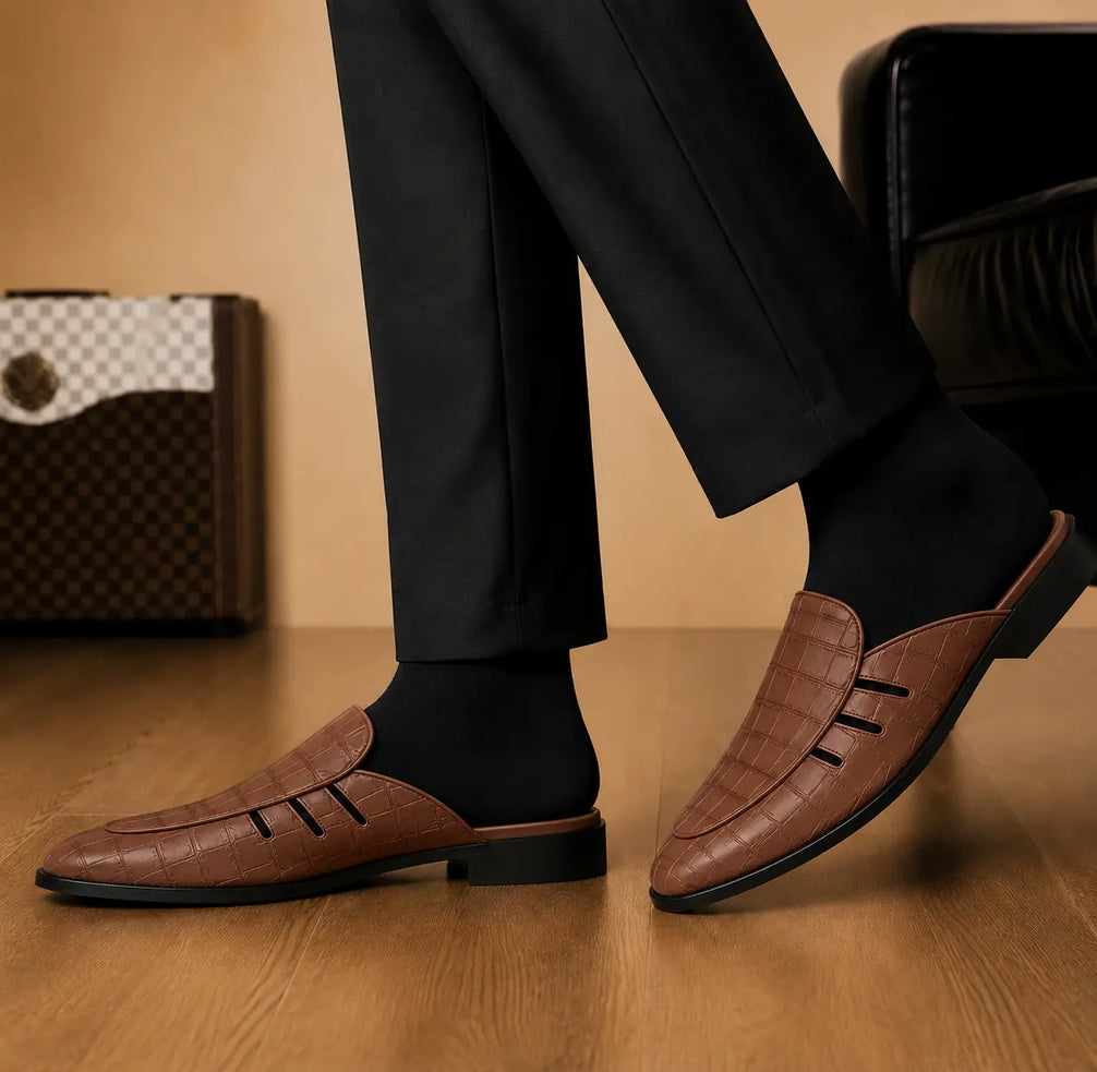 Melfi Croc-Embossed Slit-Vamp Mule for Men - Backless Block-Heel Shoes