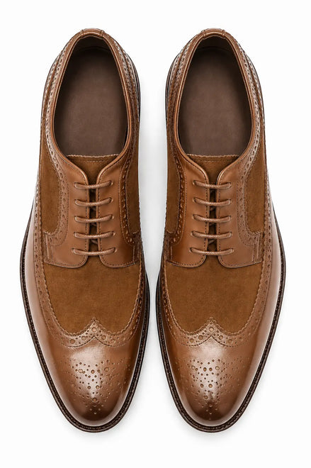 Mosaic Leather & Suede Wingtip Derby for Men - Goodyear Welted Lug-Sole Shoes