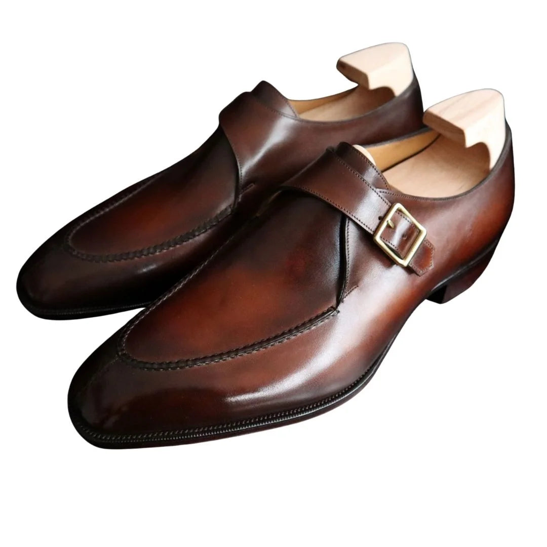 Marciana Burnished Apron-Toe Single Monk Strap for Men - Handmade Leather Dress Shoes