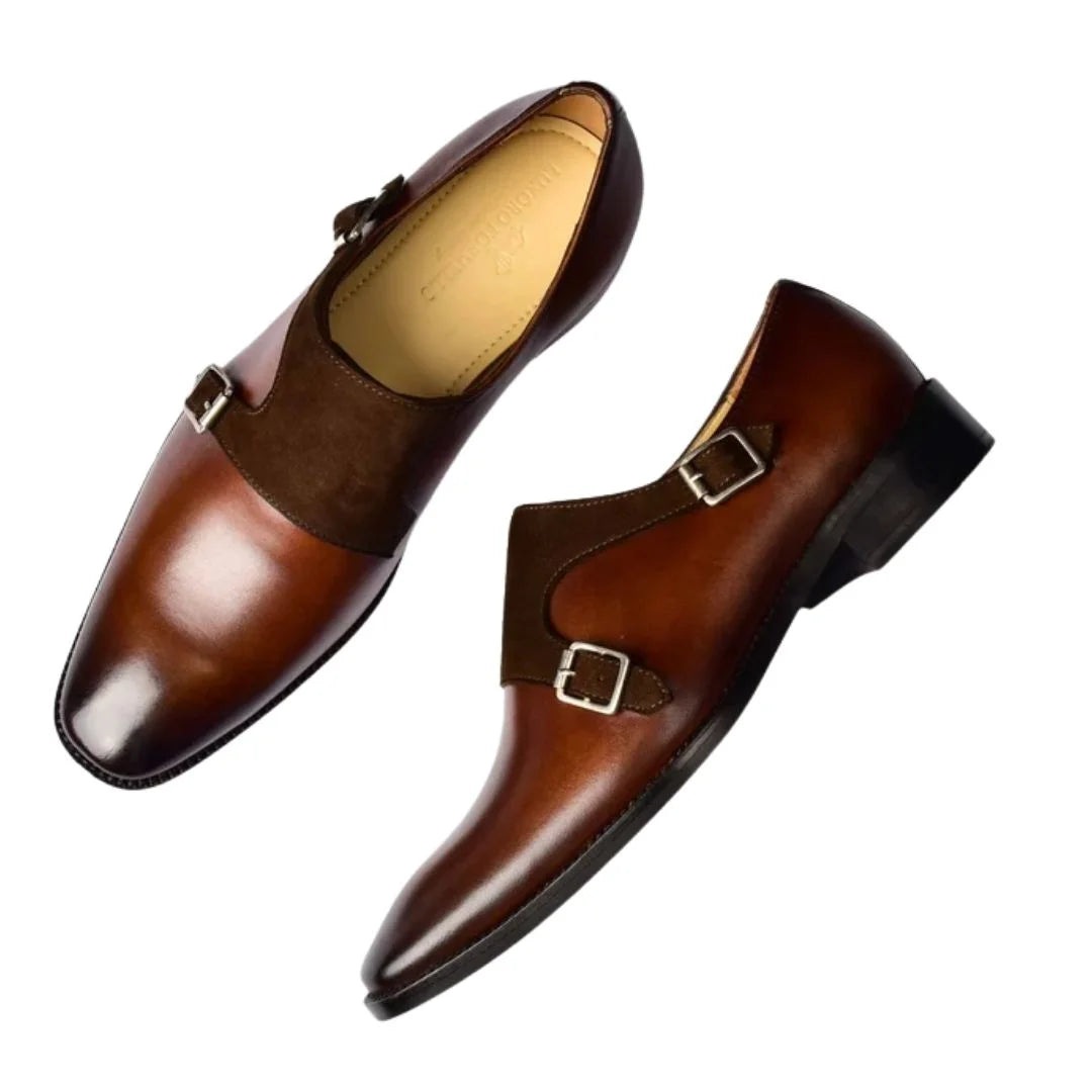 Moguer Suede-Panel Plain-Toe Double Monk Strap for Men - Two-Material Leather Dress Shoes