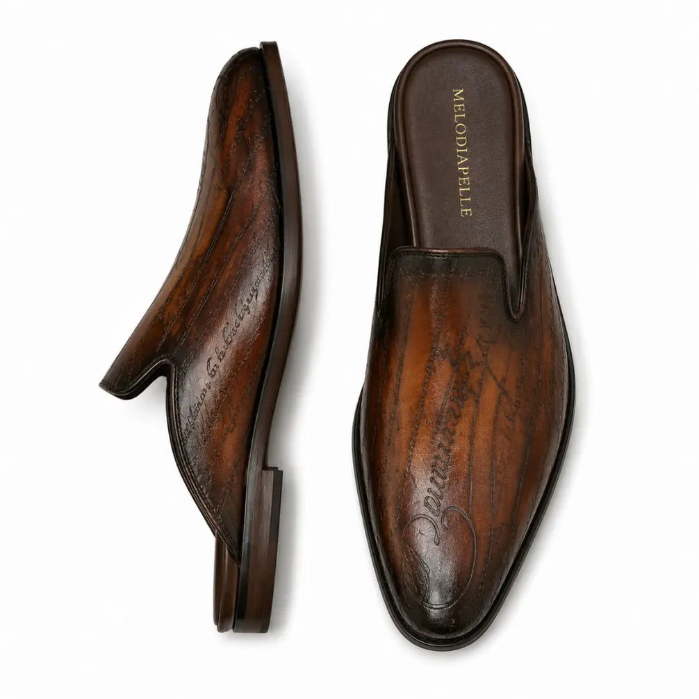 Mazzarino Hand-Inscribed Script Mule for Men - Backless Leather Slip-On Shoes