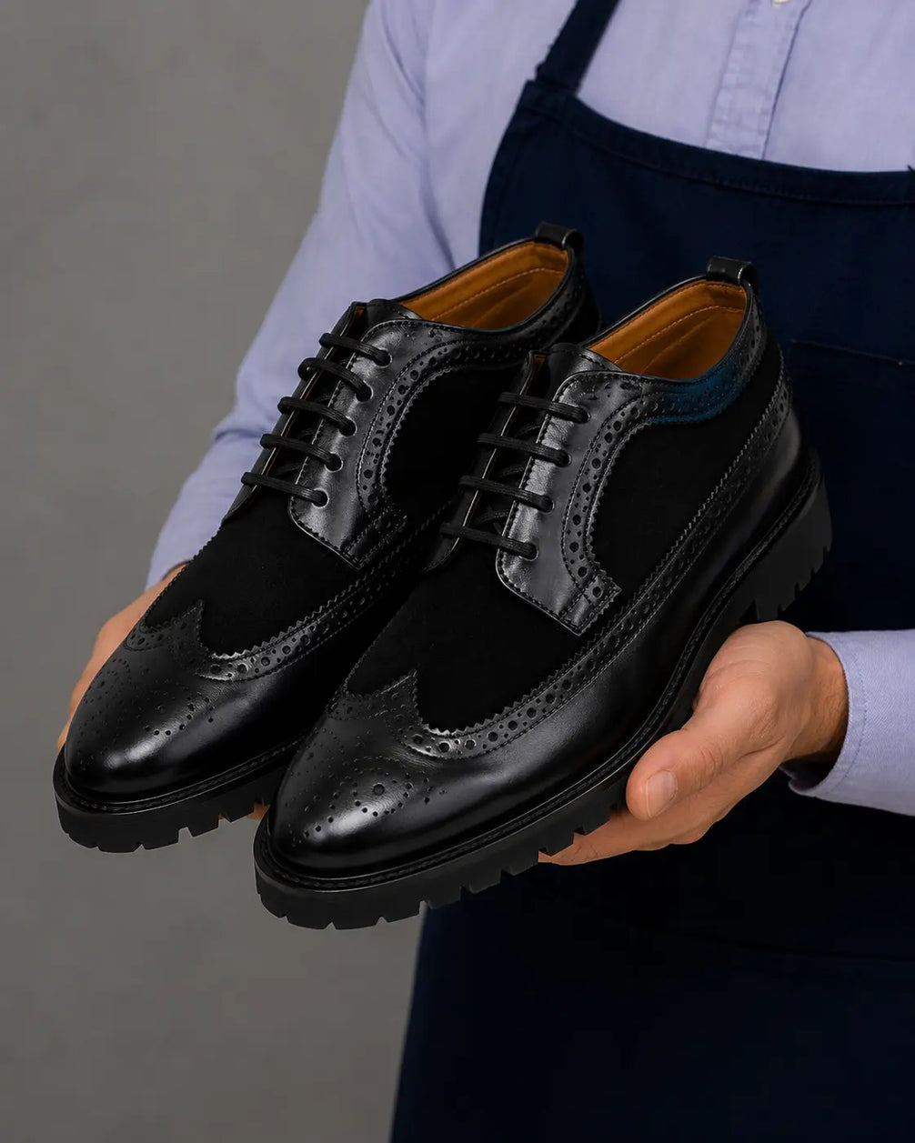 Mosaic Leather & Suede Wingtip Derby for Men - Goodyear Welted Lug-Sole Shoes