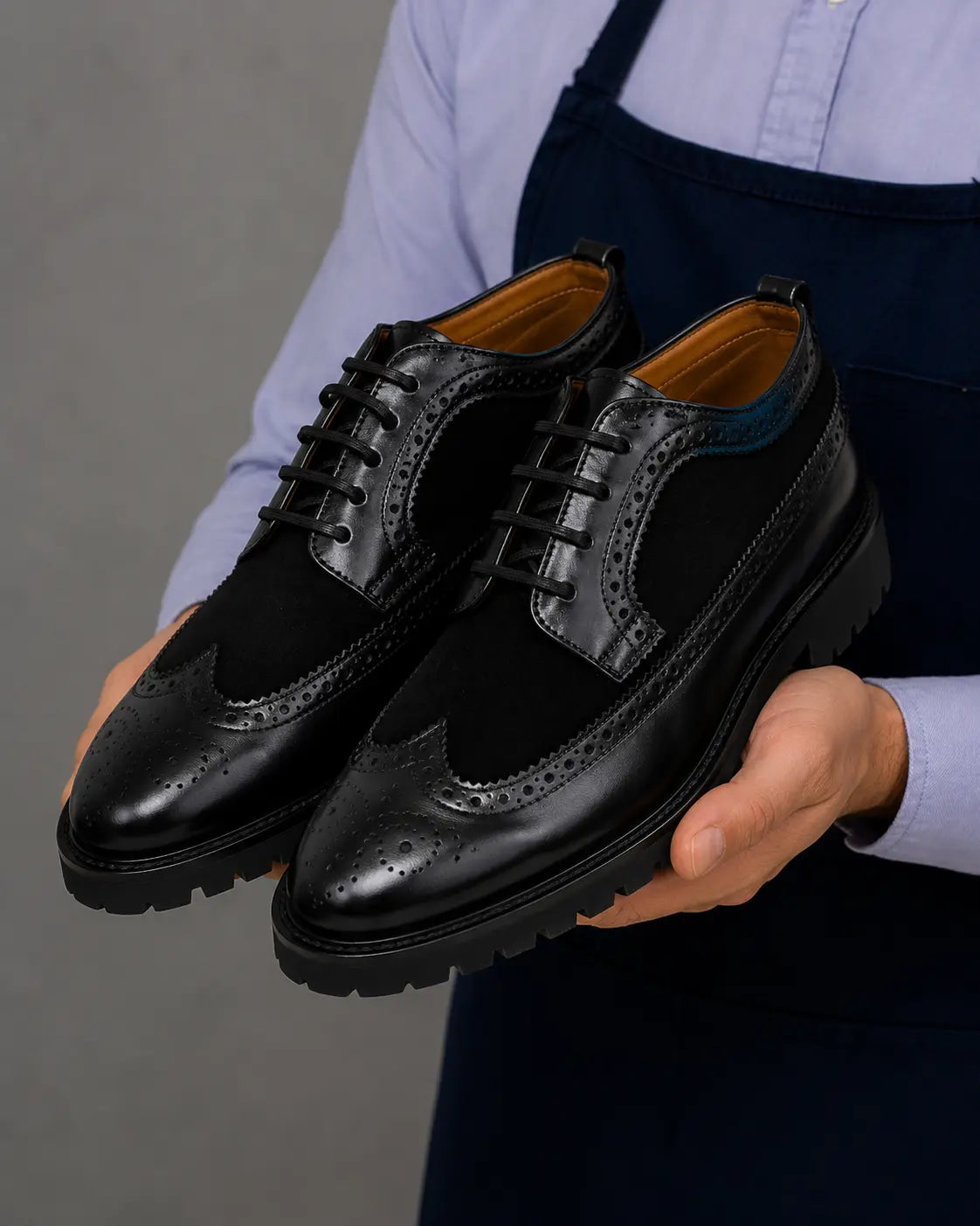Mosaic Leather & Suede Wingtip Derby for Men - Goodyear Welted Lug-Sole Shoes