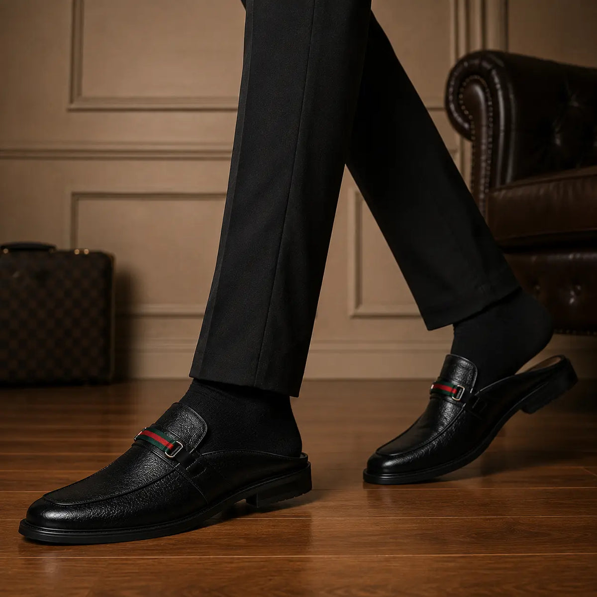 Mirepoix Web-Stripe Grained Mule for Men - Backless Block-Heel Shoes