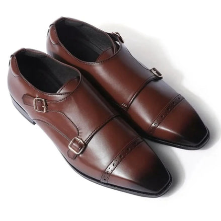 Macon Brogued Cap-Toe Double Monk Strap for Men - Burnished Leather Office Shoes