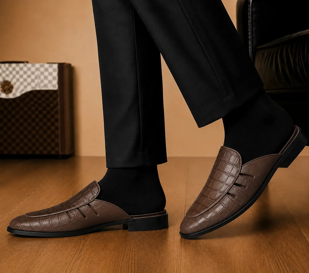 Melfi Croc-Embossed Slit-Vamp Mule for Men - Backless Block-Heel Shoes