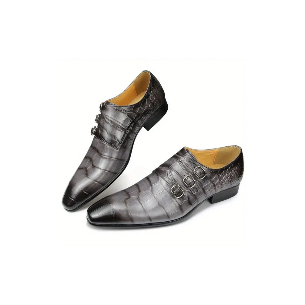 Mieres Patina Croc-Embossed Triple Monk Strap for Men - Hand-Burnished Croc Leather Shoes