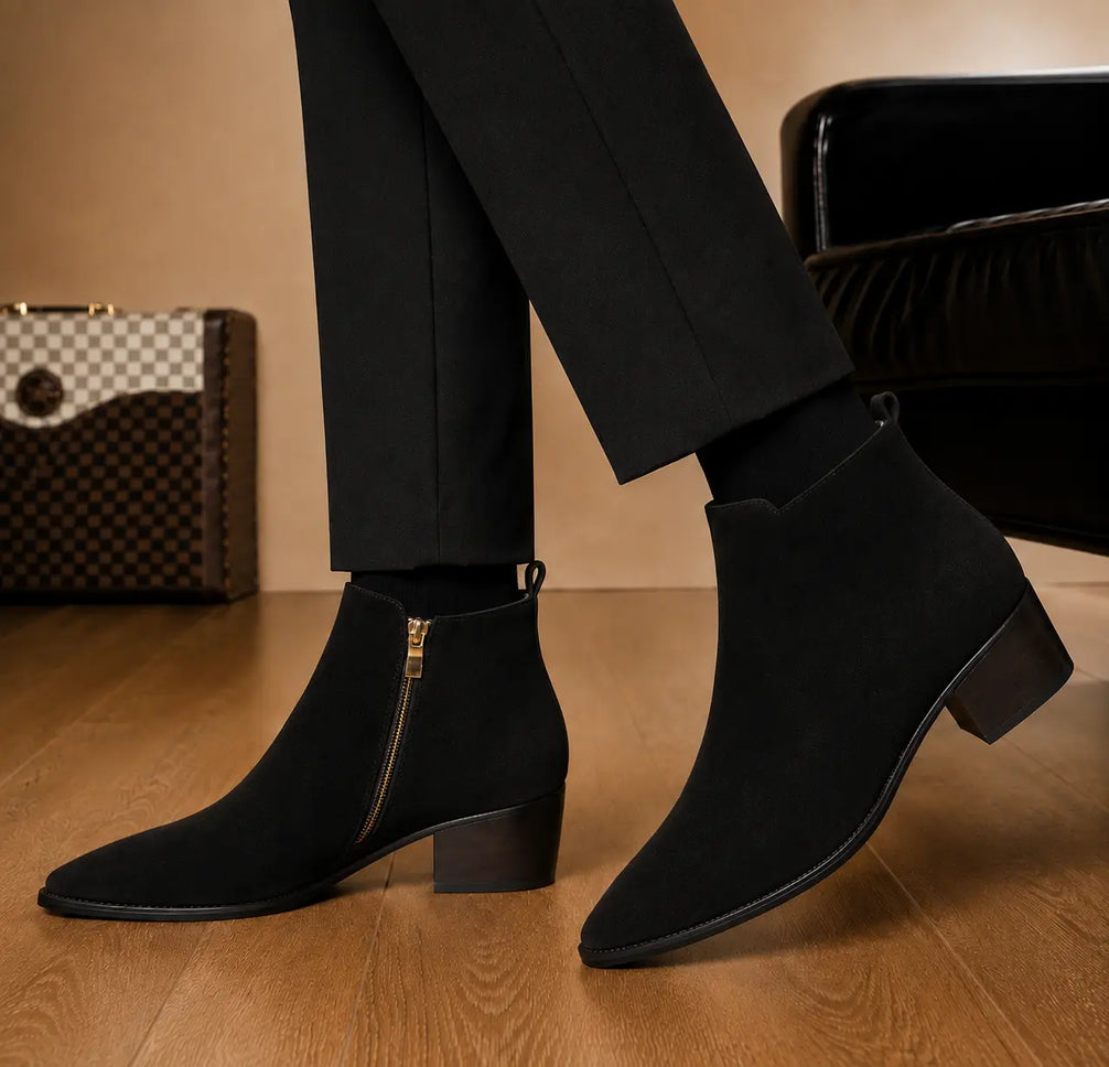 Maddox Suede Zip Boot for Men - Pointed-Toe Block Heel Ankle Boots