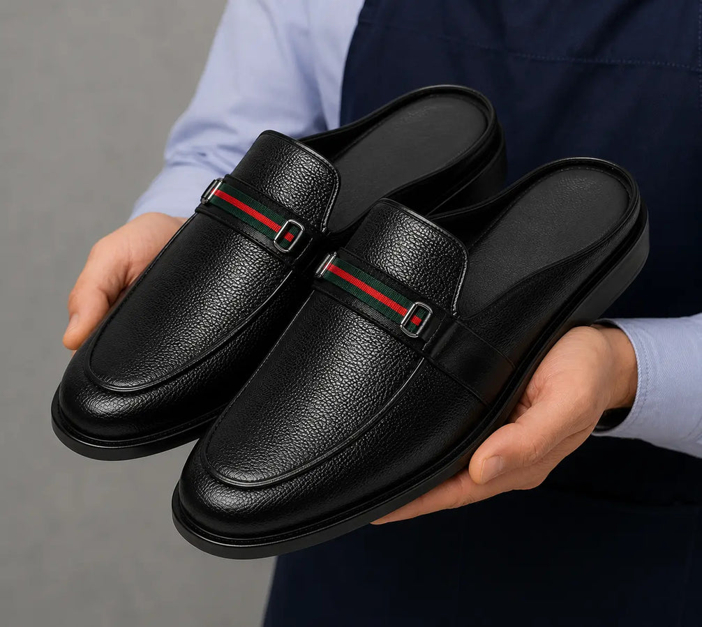Mirepoix Web-Stripe Grained Mule for Men - Backless Block-Heel Shoes