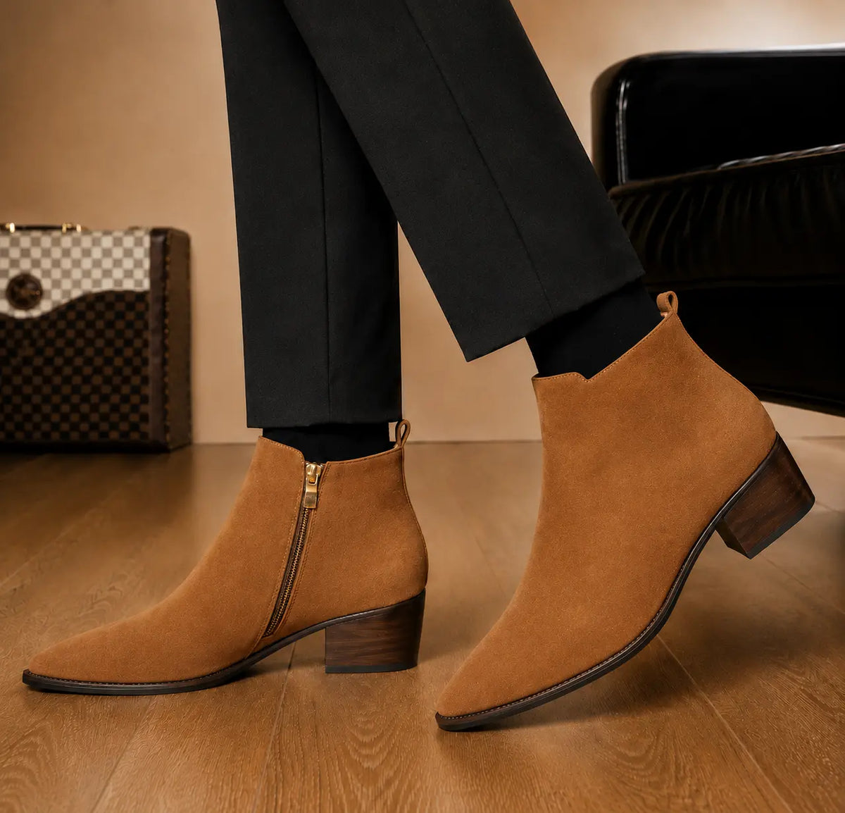 Maddox Suede Zip Boot for Men - Pointed-Toe Block Heel Ankle Boots