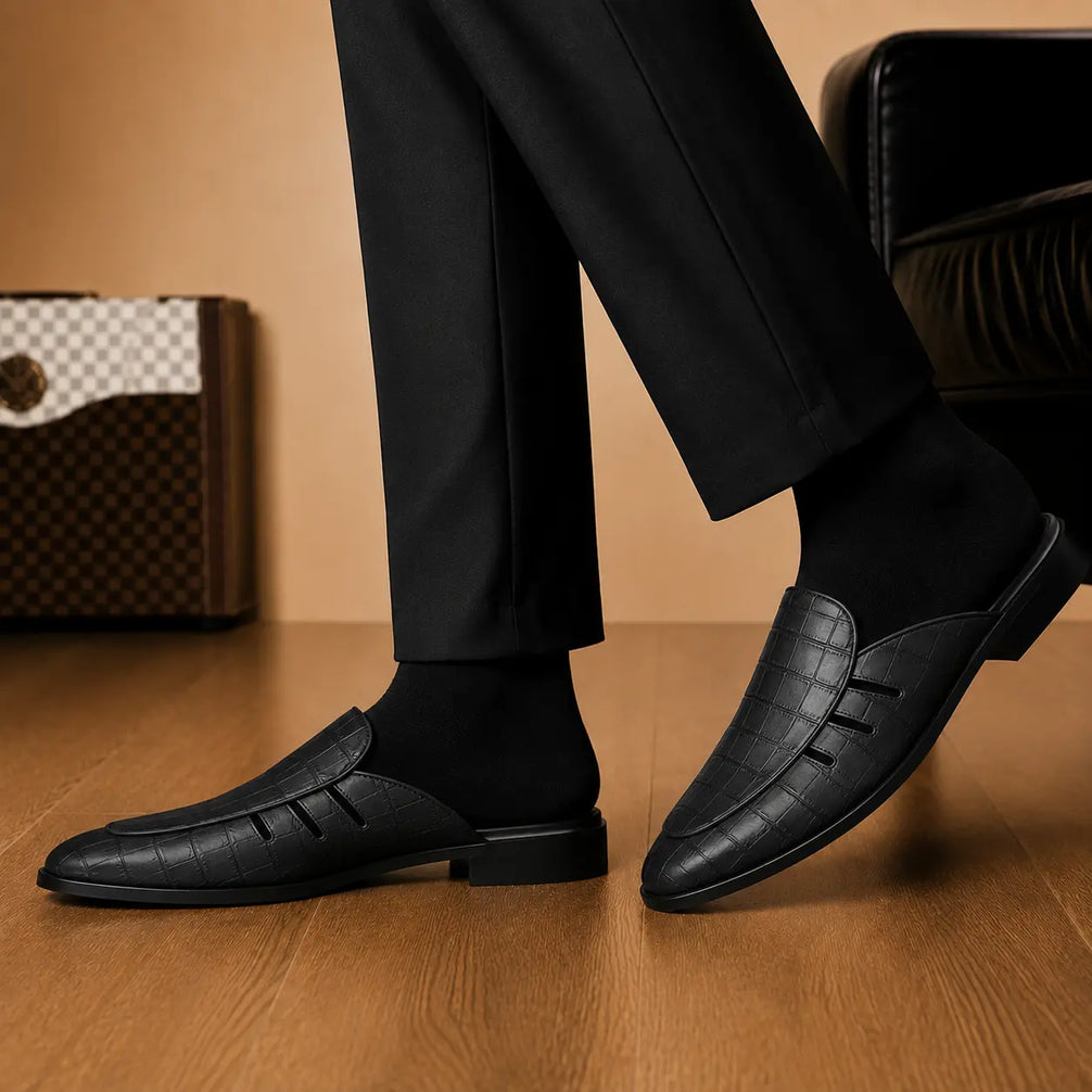 Melfi Croc-Embossed Slit-Vamp Mule for Men - Backless Block-Heel Shoes