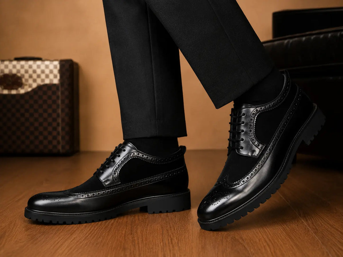 Mosaic Leather & Suede Wingtip Derby for Men - Goodyear Welted Lug-Sole Shoes