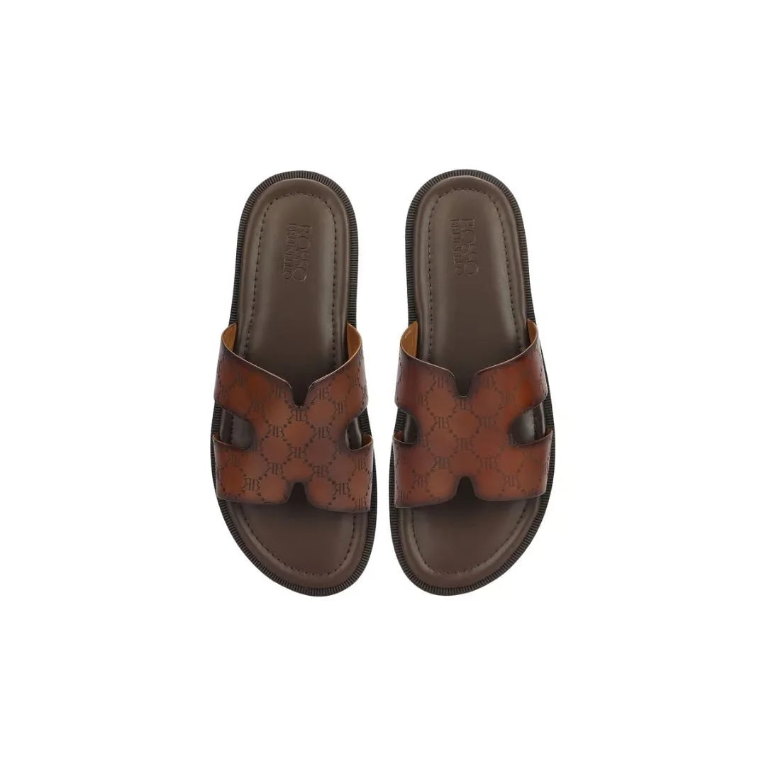 Mindelo Embossed Cut-Out Slide for Men - Patterned Leather Slides