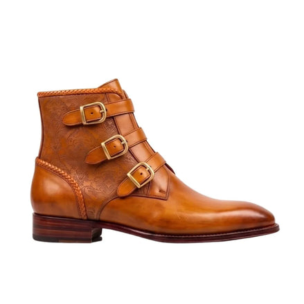 Mazzo Triple-Buckle Burnished Buckle Boot for Men - Buckled Leather Ankle Boots