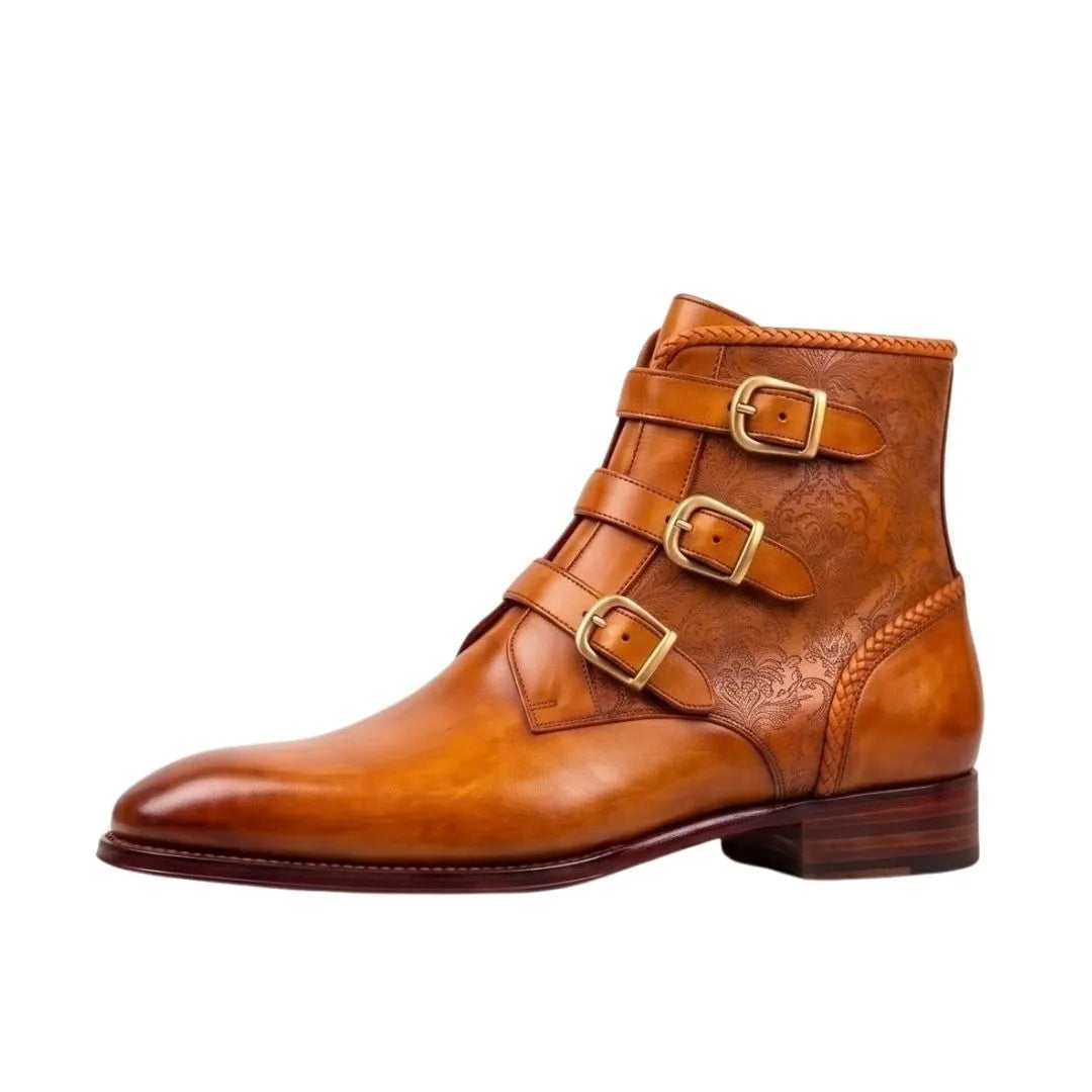 Mazzo Triple-Buckle Burnished Buckle Boot for Men - Buckled Leather Ankle Boots