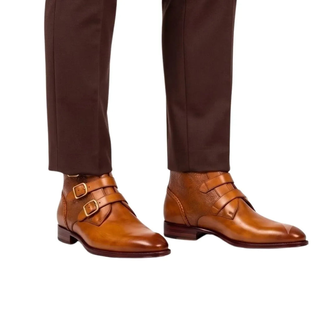 Mazzo Triple-Buckle Burnished Buckle Boot for Men - Buckled Leather Ankle Boots
