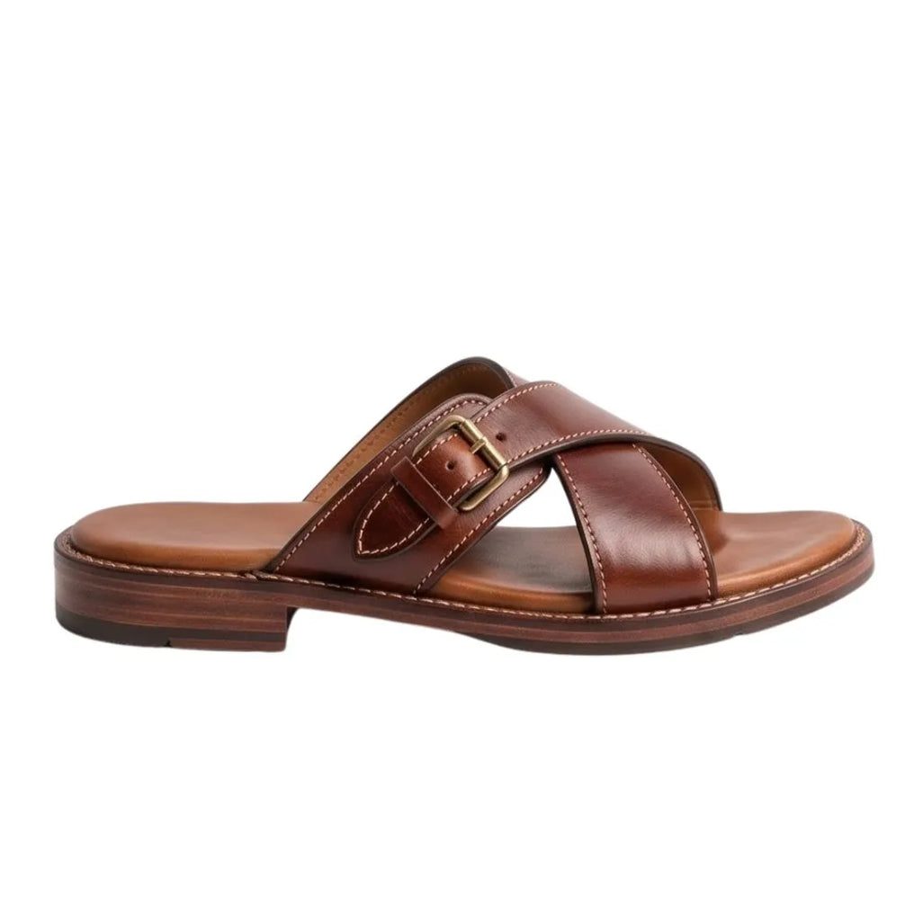 Moransengo Buckle Cross Slide Sandal for Men - Leather Slide Sandals