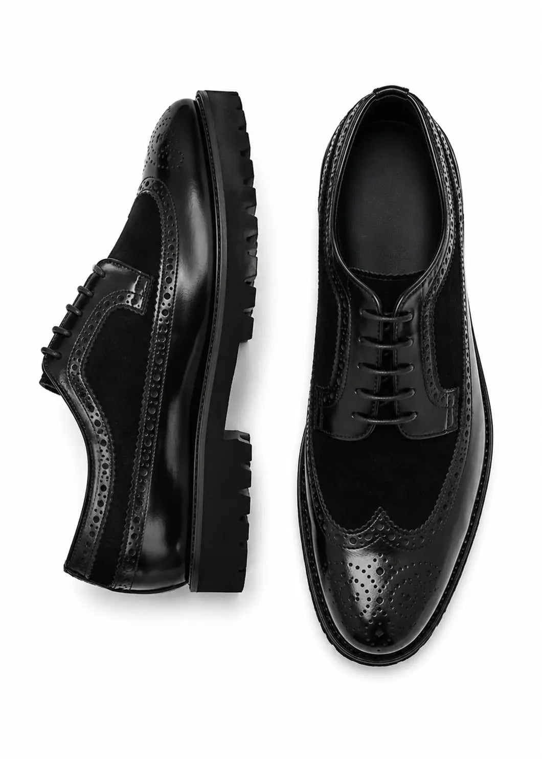 Mosaic Leather & Suede Wingtip Derby for Men - Goodyear Welted Lug-Sole Shoes