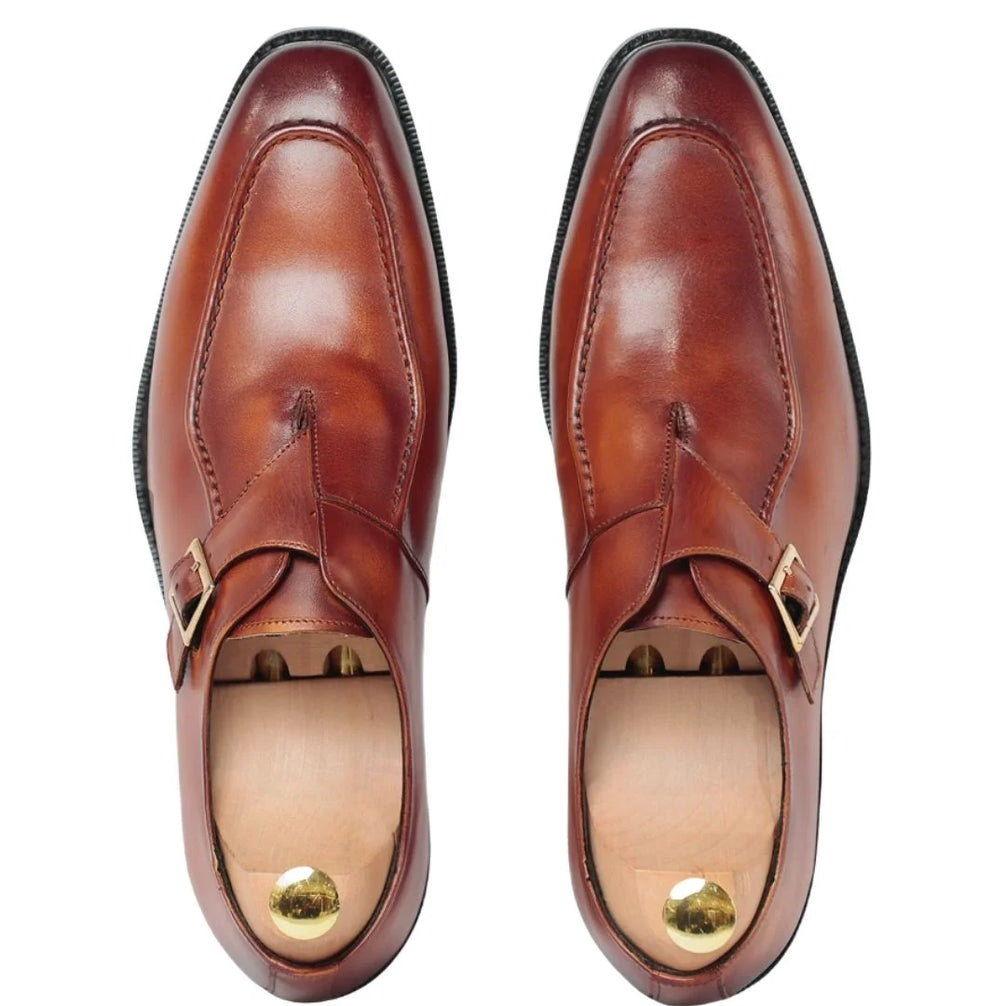 Matera Raised-Seam Split-Toe Single Monk Strap for Men - Burnished Leather Formal Shoes