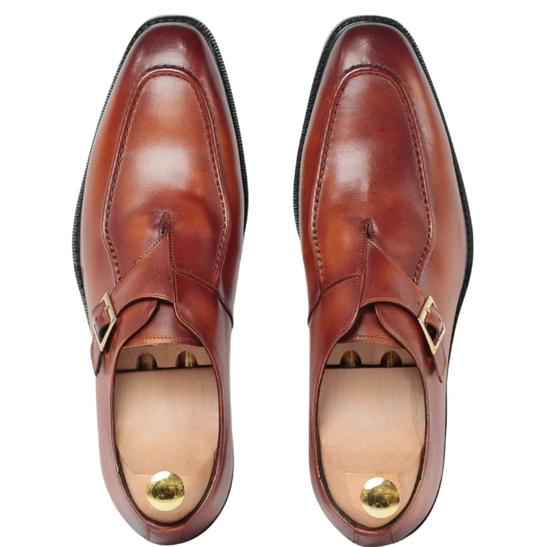 Matera Raised-Seam Split-Toe Single Monk Strap for Men - Burnished Leather Formal Shoes