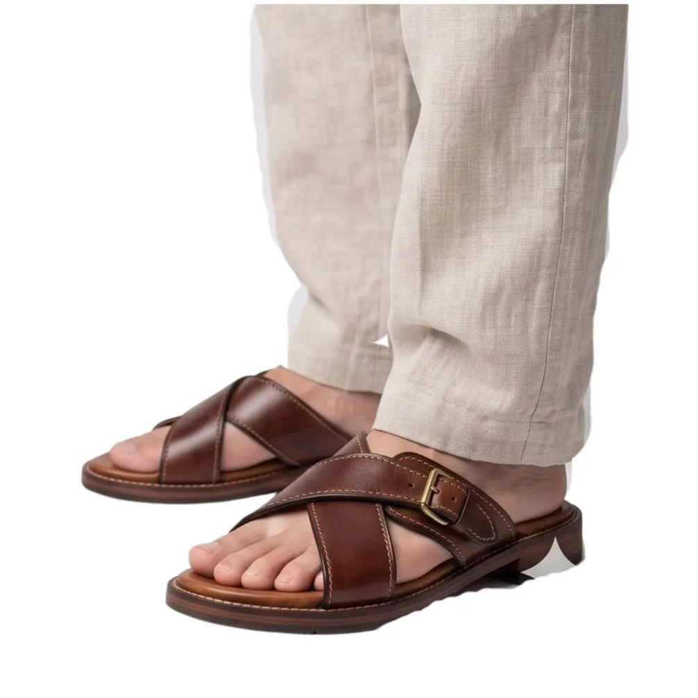 Moransengo Buckle Cross Slide Sandal for Men - Leather Slide Sandals