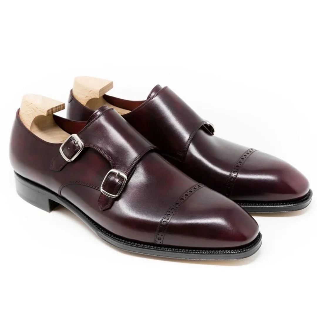 Millau Glassy Cap-Toe Double Monk Strap for Men - High-Shine Leather Formal Shoes