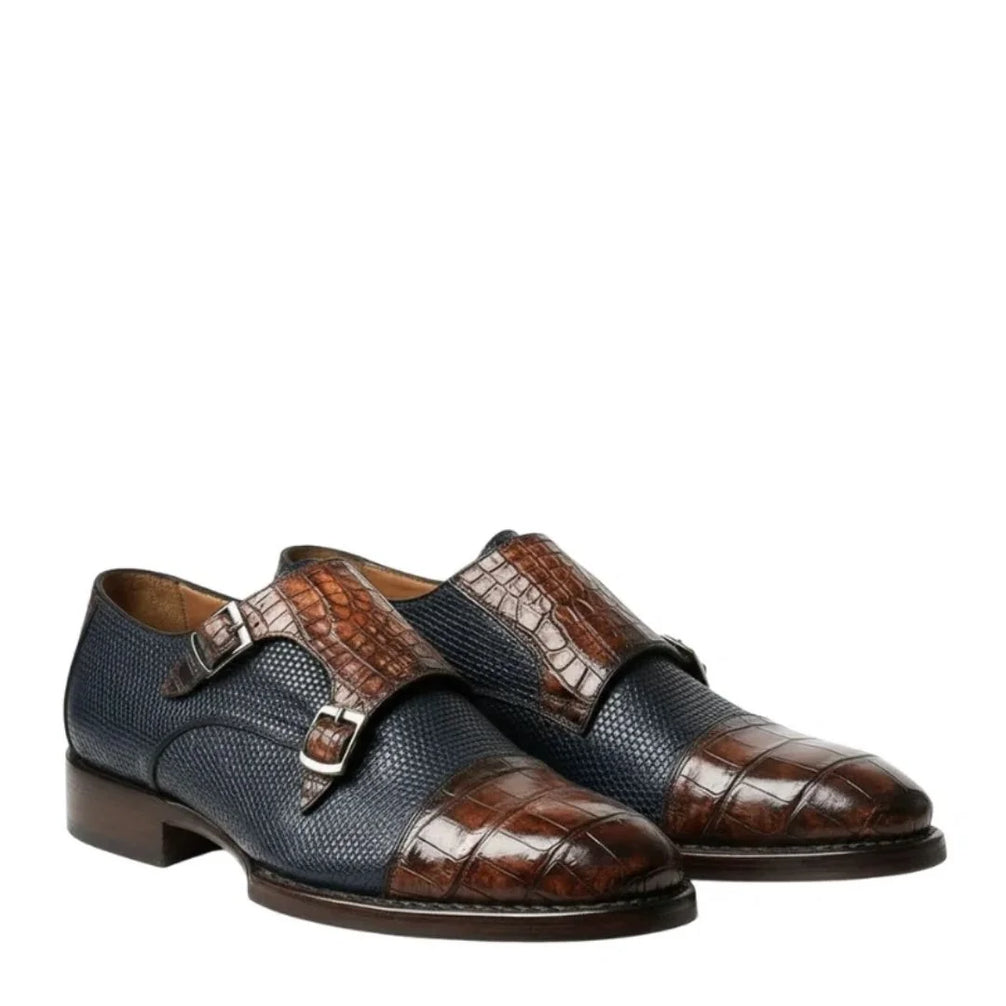 Morzine Croc-Cap Two-Texture Double Monk Strap for Men - Textured Leather Party Shoes