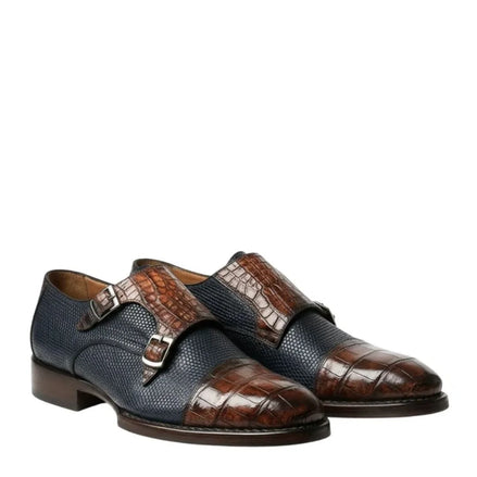 Morzine Croc-Cap Two-Texture Double Monk Strap for Men - Textured Leather Party Shoes