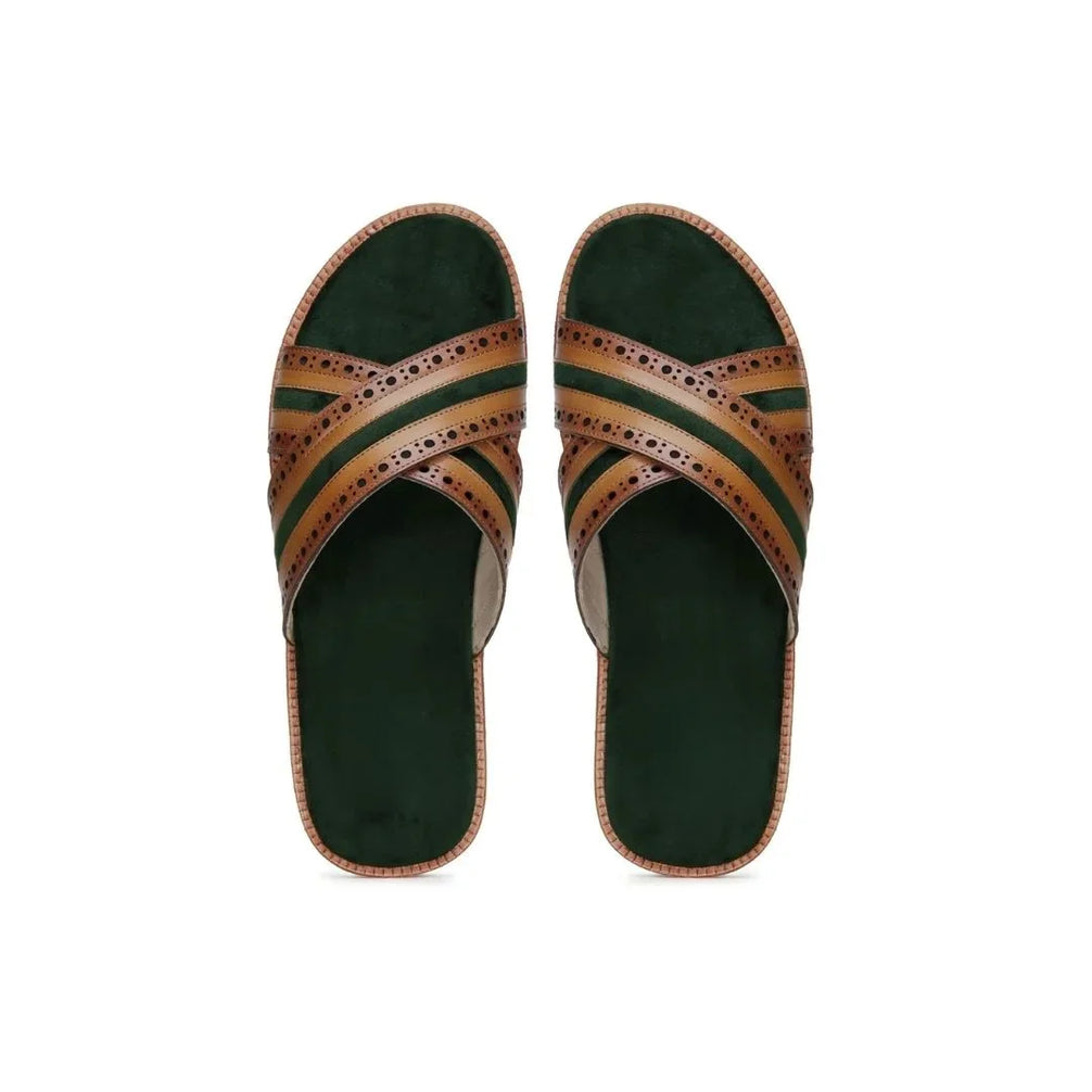 Myrina Brogued Two-Tone Cross Slide for Men - Suede-Lined Leather Slides