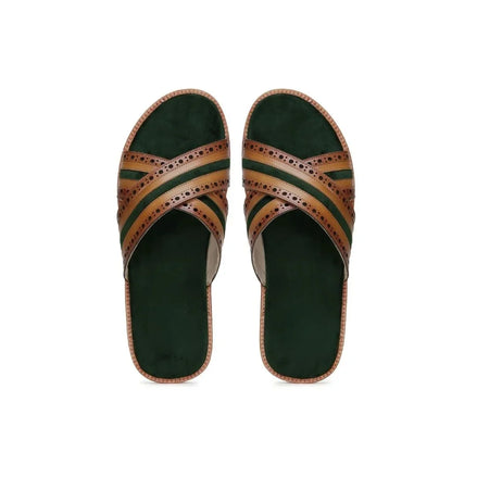 Myrina Brogued Two-Tone Cross Slide for Men - Suede-Lined Leather Slides