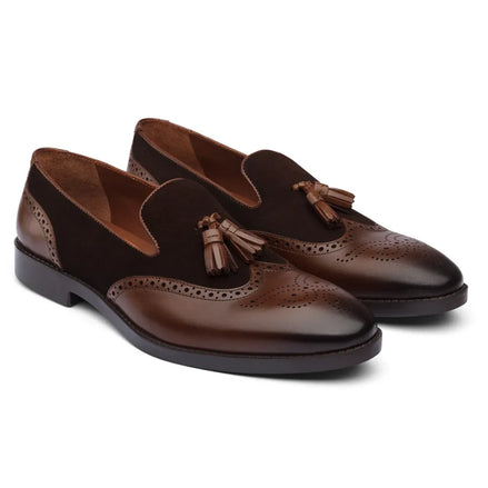 Monguelfo Suede-Vamp Wingtip Tassel Loafer for Men - Two-Material Tassel Loafers