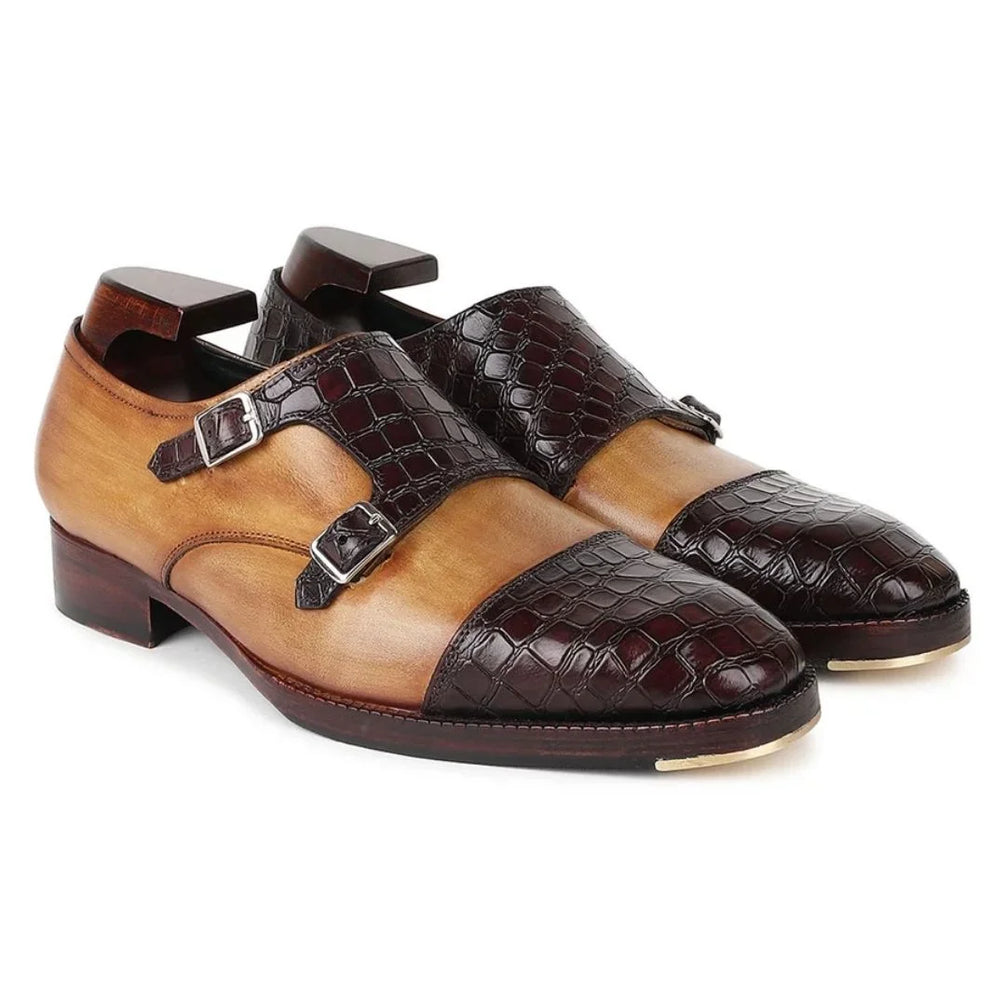 Megeve Croc-Cap Two-Tone Double Monk Strap for Men - Two-Material Leather Dress Shoes