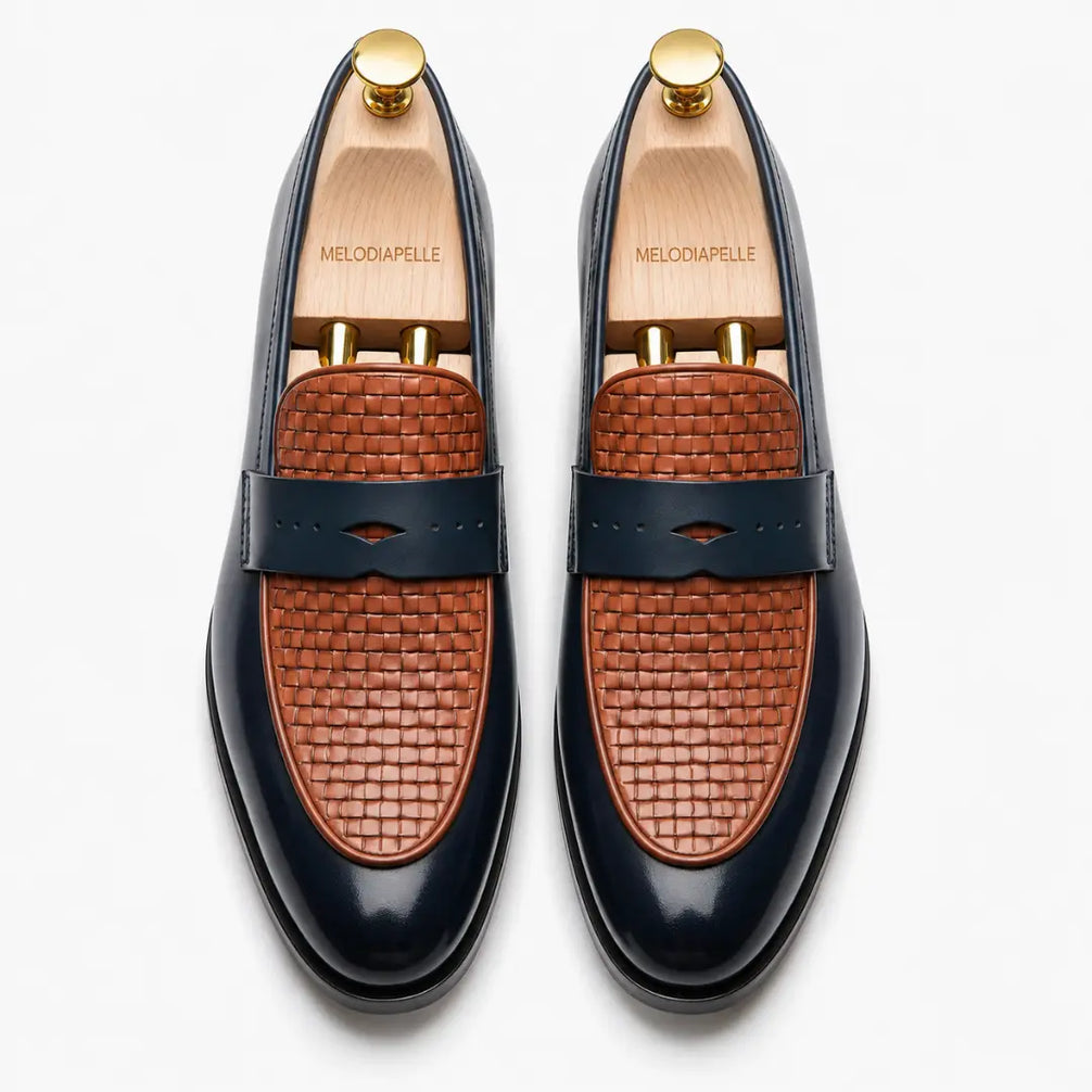 Maison Hand-Woven Two-Tone Penny Loafer for Men - Goodyear Welted Leather Shoes