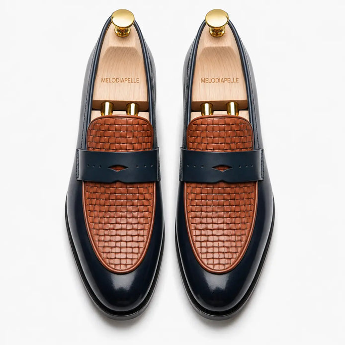 Maison Hand-Woven Two-Tone Penny Loafer for Men - Goodyear Welted Leather Shoes