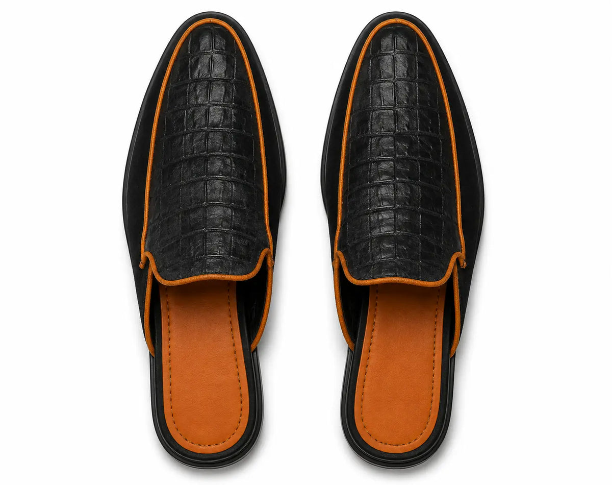 Maribor Piped Croc-Panel Mule for Men - Backless Suede Slip-On Shoes