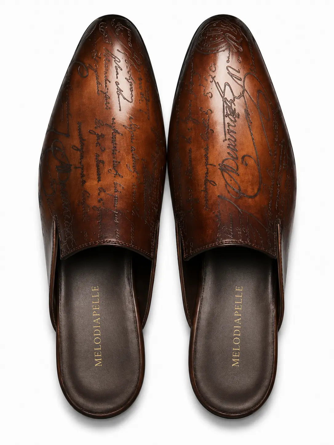 Mazzarino Hand-Inscribed Script Mule for Men - Backless Leather Slip-On Shoes