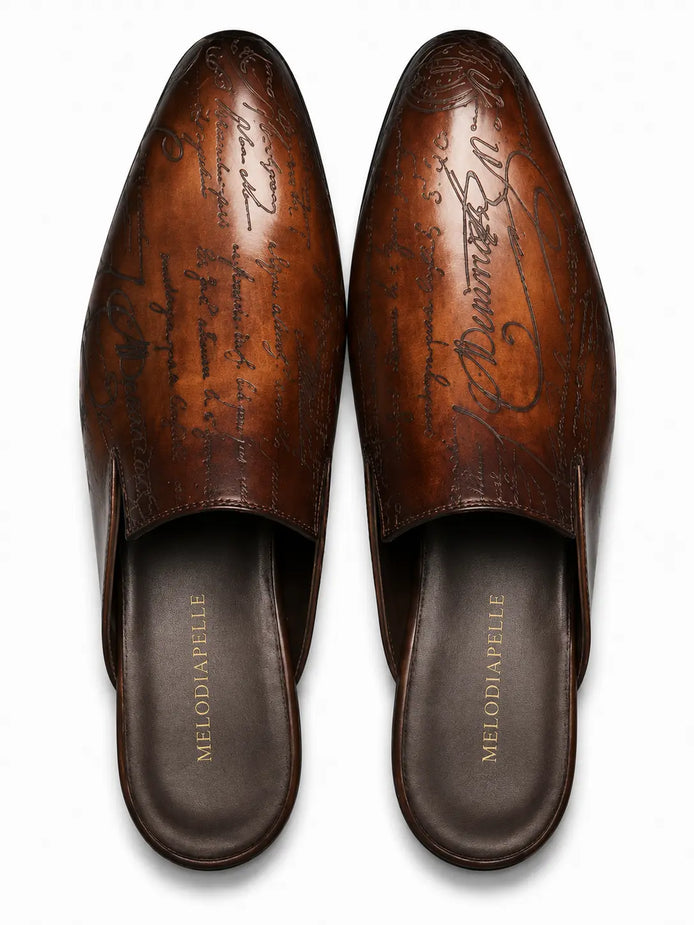 Mazzarino Hand-Inscribed Script Mule for Men - Backless Leather Slip-On Shoes