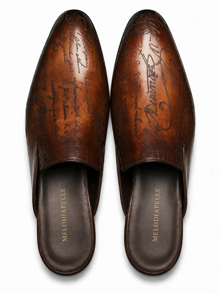 Mazzarino Hand-Inscribed Script Mule for Men - Backless Leather Slip-On Shoes
