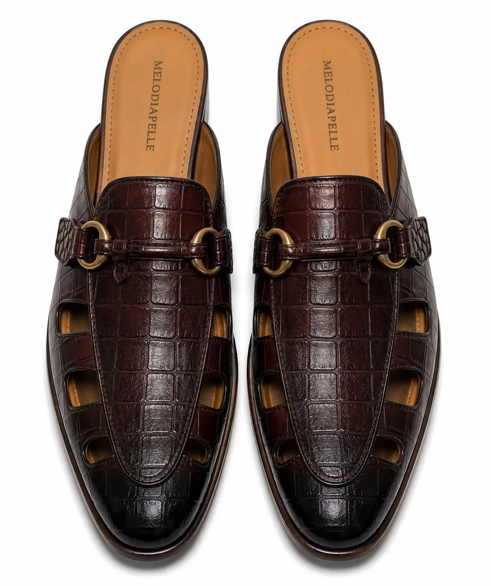 Maremma Caged Croc-Embossed Bit Mule for Men - Backless Fisherman Shoes
