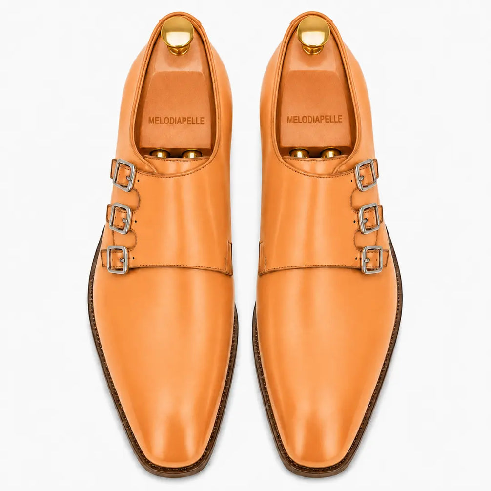 Milan Triple Monk Strap Shoes for Men - Goodyear Welted Full-Grain Leather