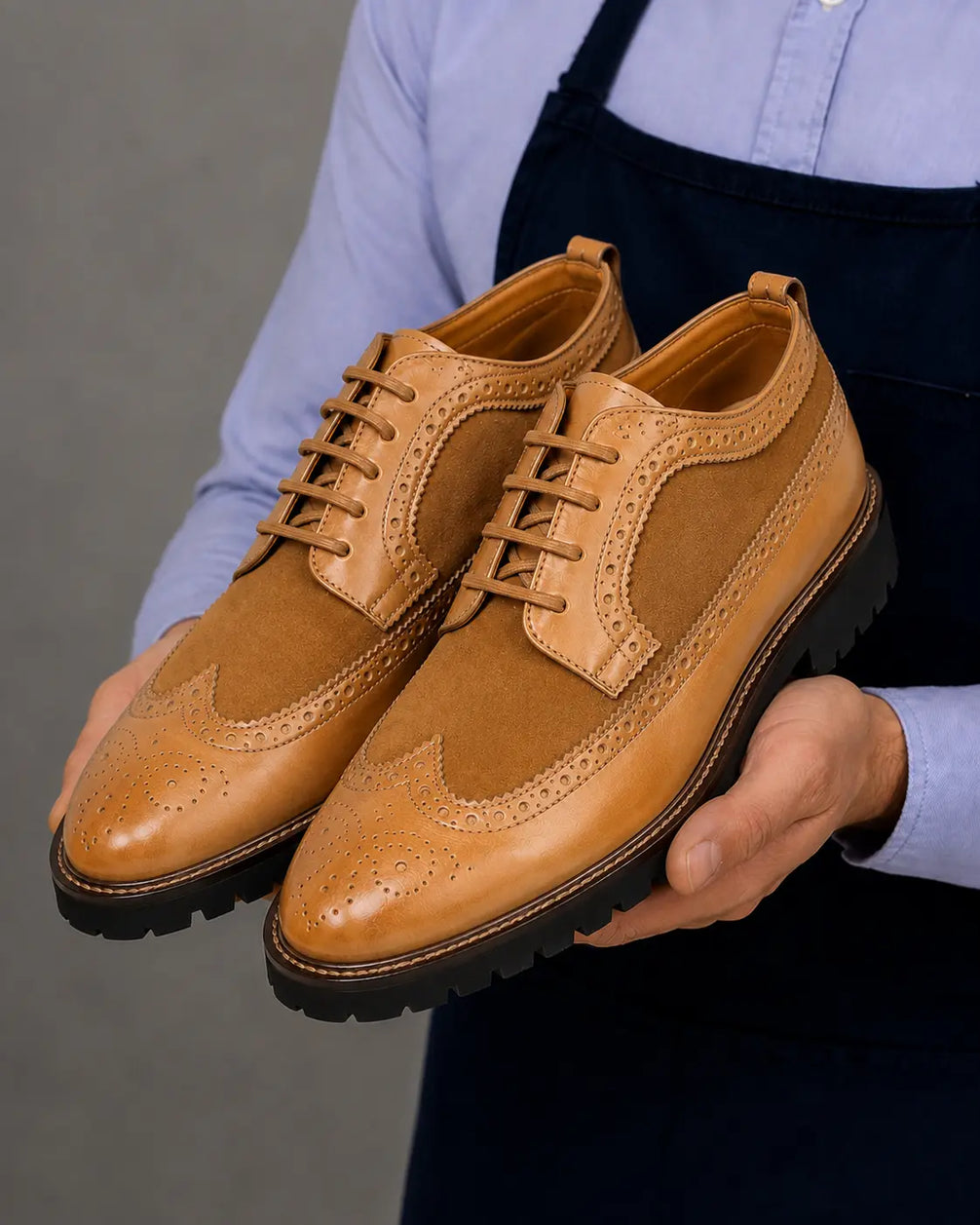 Mosaic Leather & Suede Wingtip Derby for Men - Goodyear Welted Lug-Sole Shoes