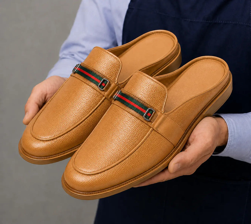 Mirepoix Web-Stripe Grained Mule for Men - Backless Block-Heel Shoes