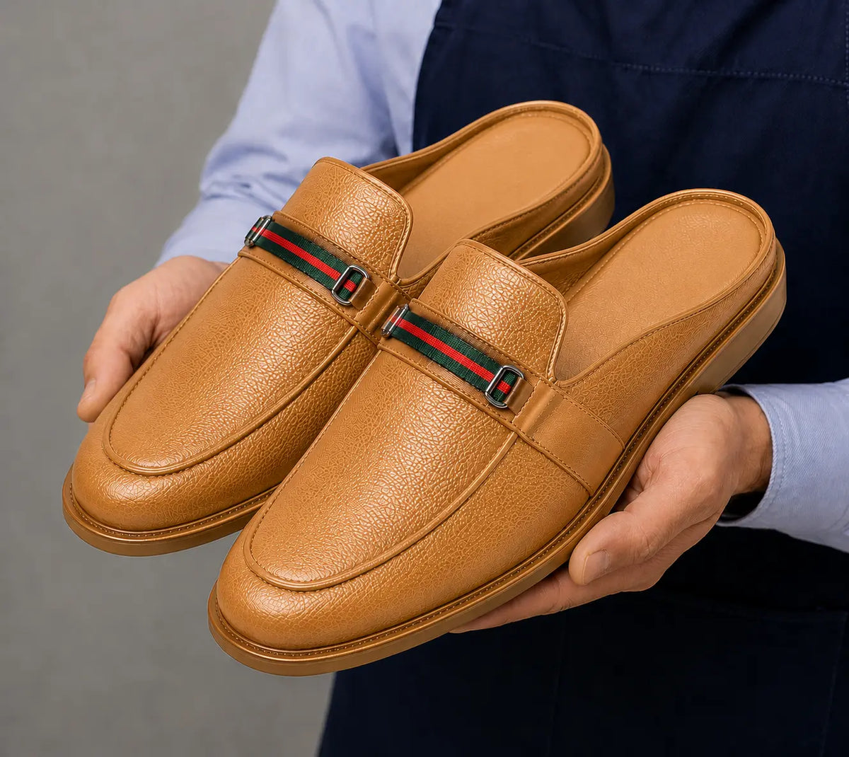 Mirepoix Web-Stripe Grained Mule for Men - Backless Block-Heel Shoes